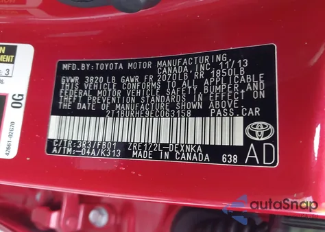 2014 Toyota Corolla Le from USA, damaged, VIN 2T1BURHE9EC063158